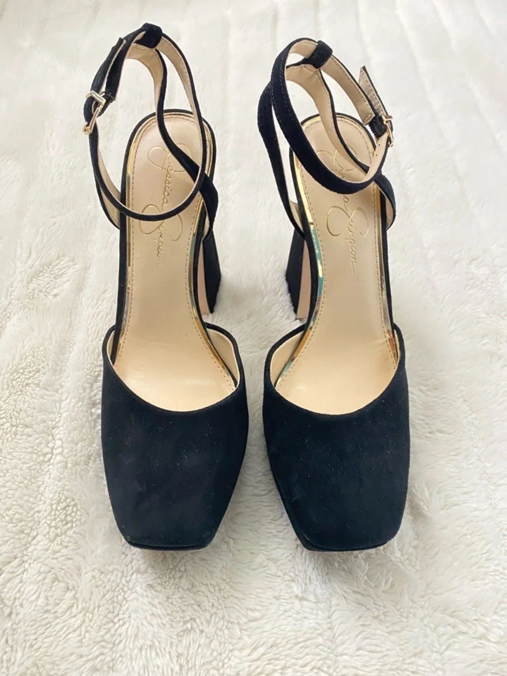 Jessica Simpson Black Suede Platform Block Heels with Ankle Strap Size 8.5
